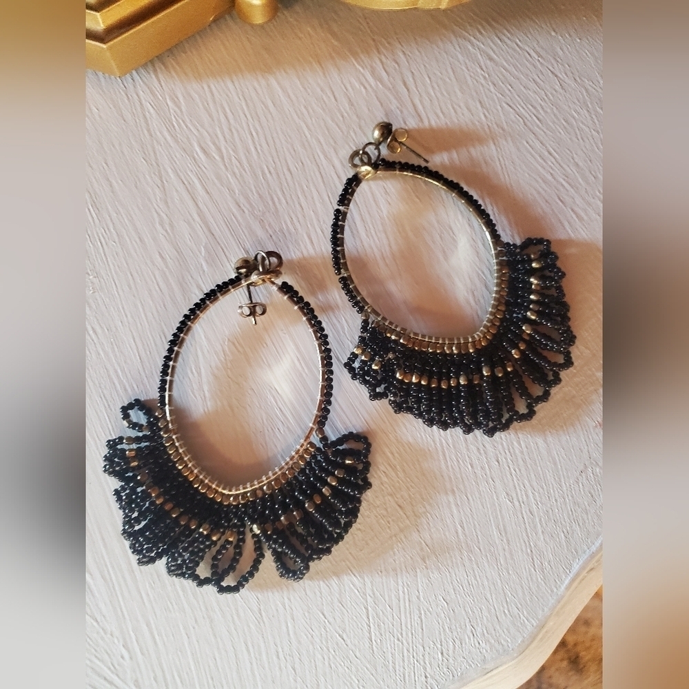 Black Beaded Fringe Earrings